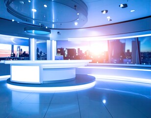 Modern TV studio, news desk with bright city view backdrop