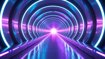 Futuristic Neon Tunnel – Infinite Metallic Walls, Chrome Floor, Glowing Blue & Purple Light Vortex Background.
