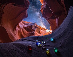 Night sky view from sandstone canyon, with scattered gems