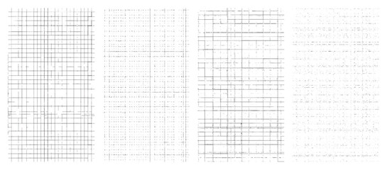 Grunge grid texture vector set black white worn geometric lines retro abstract pattern pack on transparent background for digital design overlays distressed elements