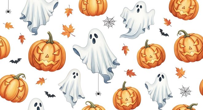 Halloween Pumpkin Ghost Pattern Seamless Background Illustration.
