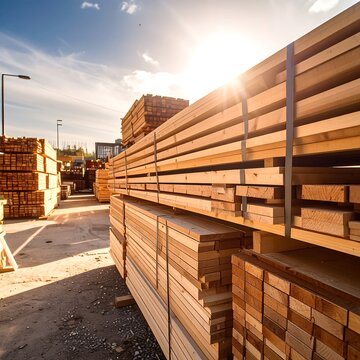 Stacks of lumber outdoors under bright sunlight