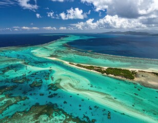 Turquoise waters meet island strip under blue sky