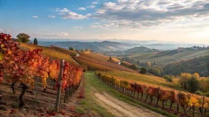 Naklejka premium Terraced vineyards display vibrant autumn colors over rolling Italian hills at sunset.