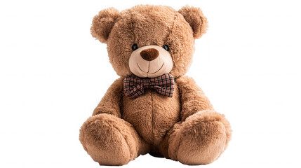 Obraz premium Cute teddy bear with a bow tie sitting against a black studio background on transparent background