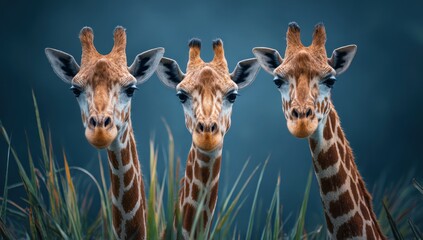 Three Giraffes Pose for Portrait in Lush Greenery.