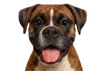 Obraz premium Boxer puppy dog portrait cheerfully looking at camera, mouth open, tongue out, transparent background