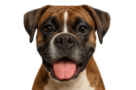 Boxer puppy dog portrait cheerfully looking at camera, mouth open, tongue out, transparent background
