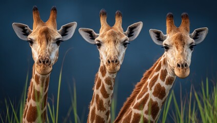 Obraz premium Three Giraffes Standing Together in the Wild.