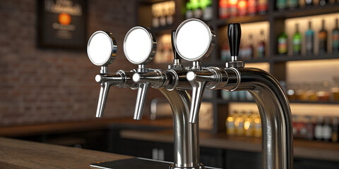High-quality chrome beer taps mockup modern bar empty space for custom logo design
