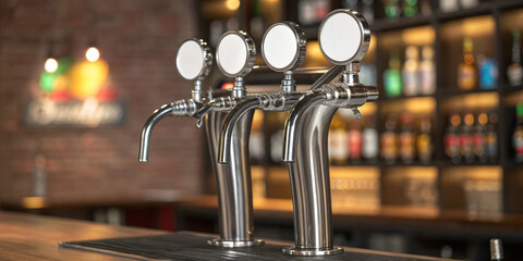 High-quality chrome beer taps mockup modern bar empty space for custom logo design