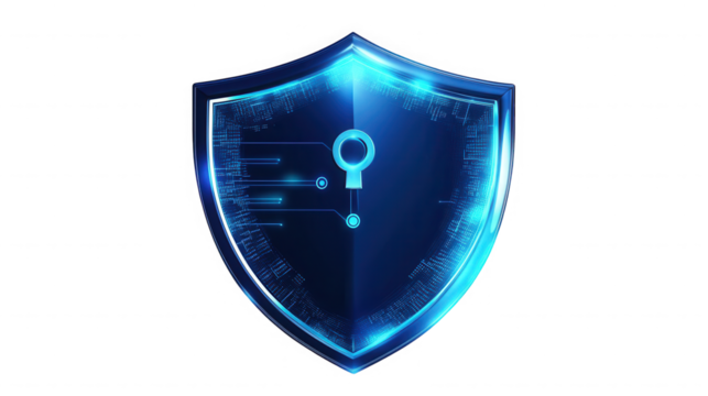 Glowing blue shield with keyhole represents cybersecurity and data protection on transparent background