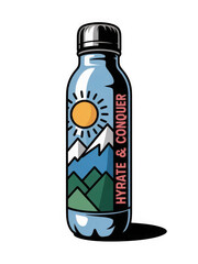 Fototapeta premium Plastic water bottle with a mountain and sun illustration isolated on a transparent background for outdoor adventure branding projects.