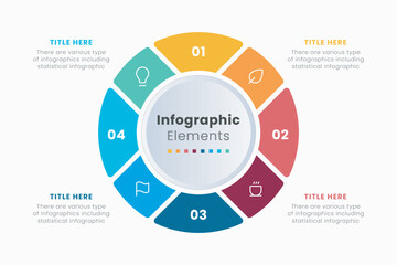 Infographic elements design template, A circle infographic with 8 steps can be used for workflow layout, presentation, diagram, banner, web design, and vector illustration.	
