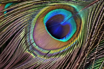 Fototapeta premium Close up of a vibrant peacock feather with iridescent colors and details
