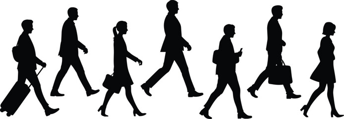 Business people walking silhouette, office workers, travel luggage, professional men and women, corporate lifestyle, urban city commute, business travel, teamwork, mobility, success