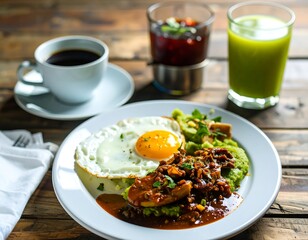 Breakfast platter with coffee and smoothie