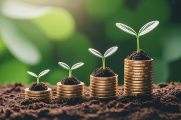 Growing money concept with small plants on increasing coin piles, symbolizing savings, investment, and financial success