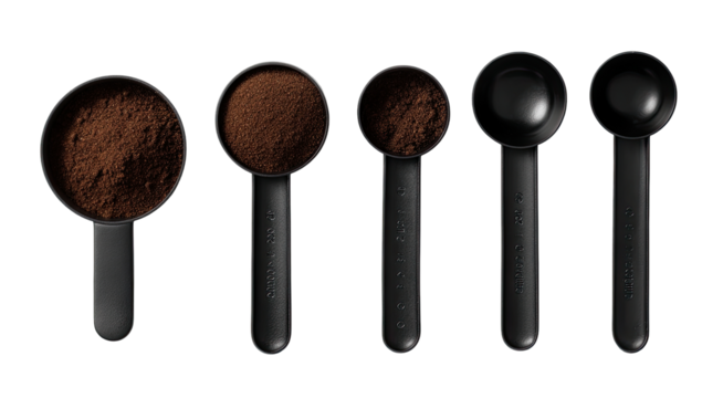 Black measuring spoons filled with coffee grounds