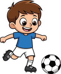 Cartoon boy kicking soccer ball, happy child playing football, cute sports character illustration, energetic game design, fun outdoor activity