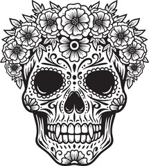 Sugar Skull with Flower Crown (Black and White Ornate Line Art)