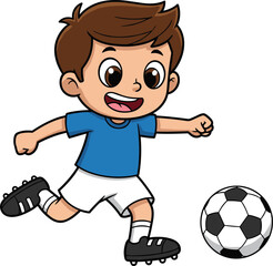 Cartoon boy playing soccer, happy kid kicking football, cute child in sportswear illustration, fun athletic activity, energetic game design character
