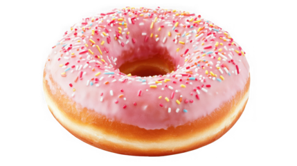 Delicious donut with pink frosting and colorful sprinkles on transparent background
