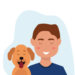 Young man with cute dog portrait. Happy Pet and owner spending time together. vector illustration