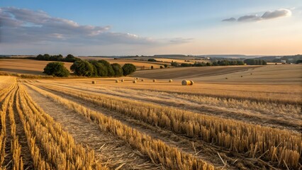Fototapeta premium A harvested field with stubble stretches to the horizon in the morning (or evening) golden light.