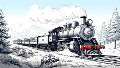 Steam train moving through snowy landscape