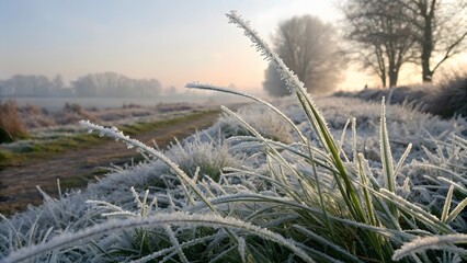 Frost on the grass on a freezing morning, illuminated by the warm sun.


