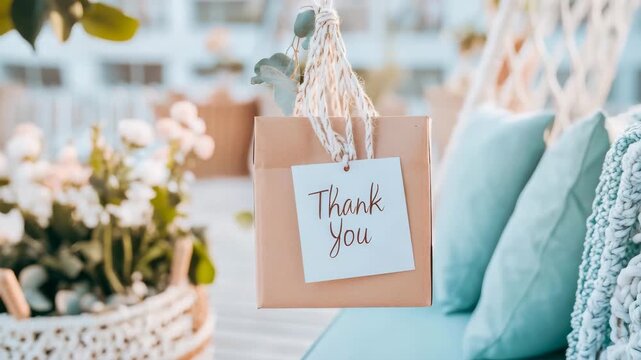 Heartfelt thank you note attached to modest gift package hanging in tranquil outdoor retreat with soft cushions and blooming flowers