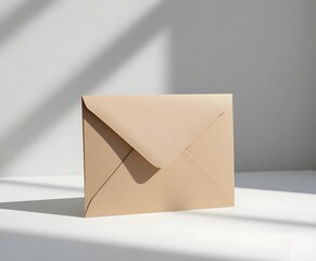 Elegant beige envelope on white surface with soft shadows, perfect for branding, announcements, and special invitations, creating a clean modern look.