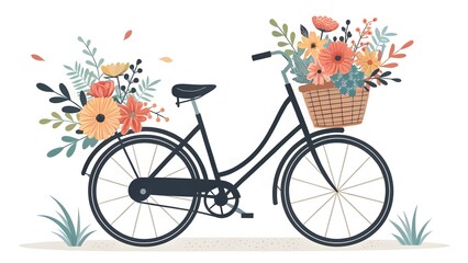 Fototapeta premium Vintage bicycle with a basket full of colorful flowers, surrounded by floral accents.