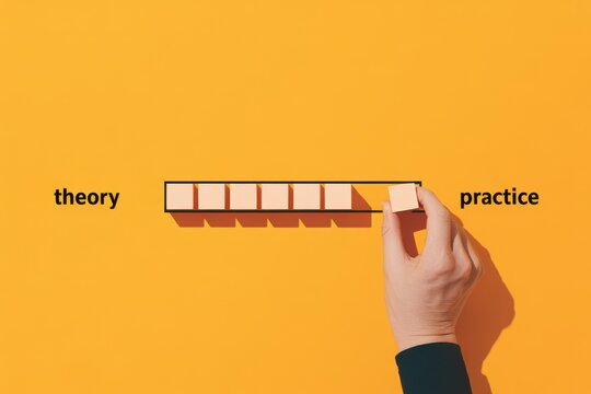 A hand building a progress bar from theory to practice, symbolizing the journey of learning, skill development, and applying knowledge