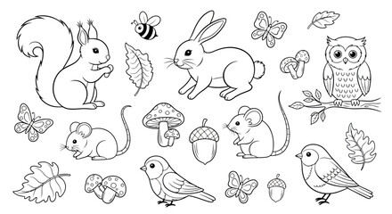 Forest animals line art collection cute woodland creatures illustration for coloring books isolated 