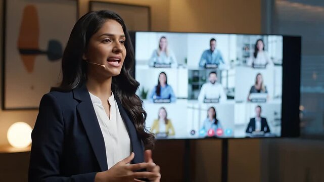 Confident businesswoman leads a dynamic virtual presentation engaging with diverse remote teams via a large screen video conference in a modern corporate office