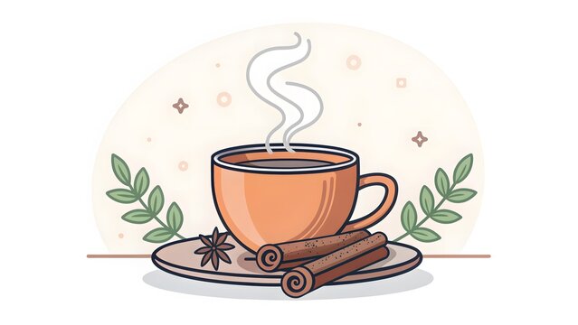 Steaming cup of chai tea surrounded by cinnamon sticks and a star anise.

