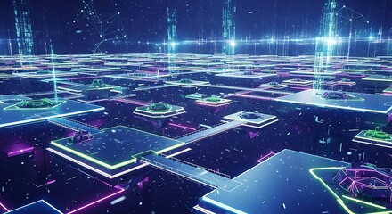 Abstract futuristic network with glowing platforms and lines