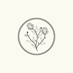 Fototapeta premium Floral emblem with flower and leaves isolated on white background, botanical design