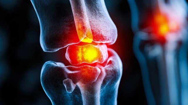 Scientific representation of afflicted human knee joint, highlighting inflamed regions with intense radiant energy and discomfort indicators