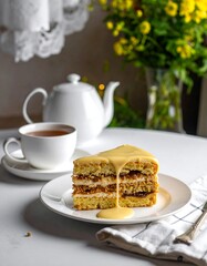 A slice of layered cake drizzled with custard, served with tea
