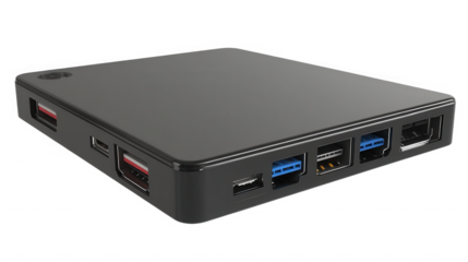 Sleek black mini pc featuring multiple ports for connectivity on transparent background