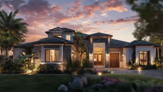 A grand, modern stone and stucco home with dual wooden garage doors welcomes guests at dusk