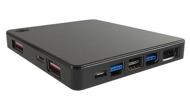 Sleek black mini pc featuring multiple ports for connectivity on transparent background