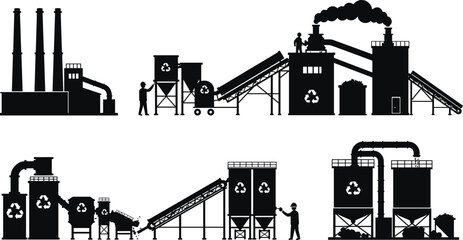 Industrial recycling factory vector illustration, waste management plant with workers, conveyor belt process, eco-friendly sustainability