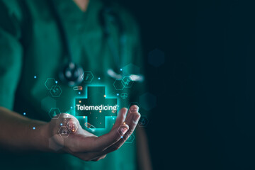 Healthcare telemedicine technology, doctor use AI and telemedicine for diagnosis, care, health and treatment patient, Medical research and development innovation to improve healthcare