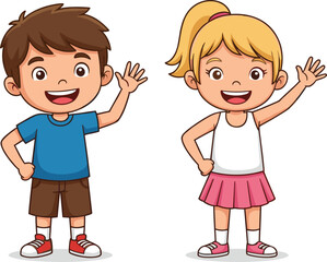 Cute cartoon boy and girl waving hands, happy children smiling, friendly kids illustration, cheerful character design for education, school, childhood, learning