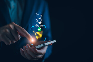 Online commerce concept, customer shopping with smart phone app, add product to digital store cart, buy order confirm, security checkout, ai technology.