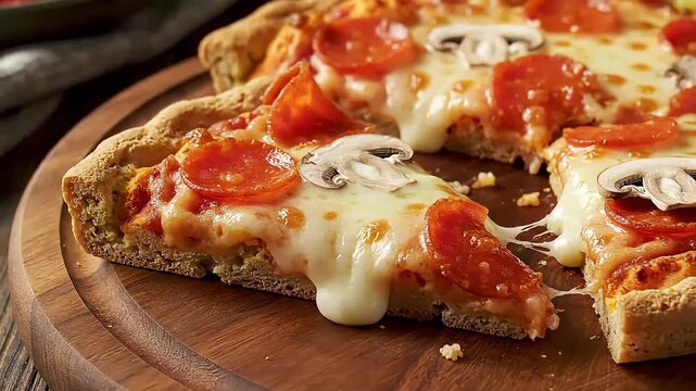 Close up of a mouthwatering hot pepperoni and mushroom pizza slice with gooey melted cheese pulling away showcasing delicious stretchy mozzarella on a wooden bo